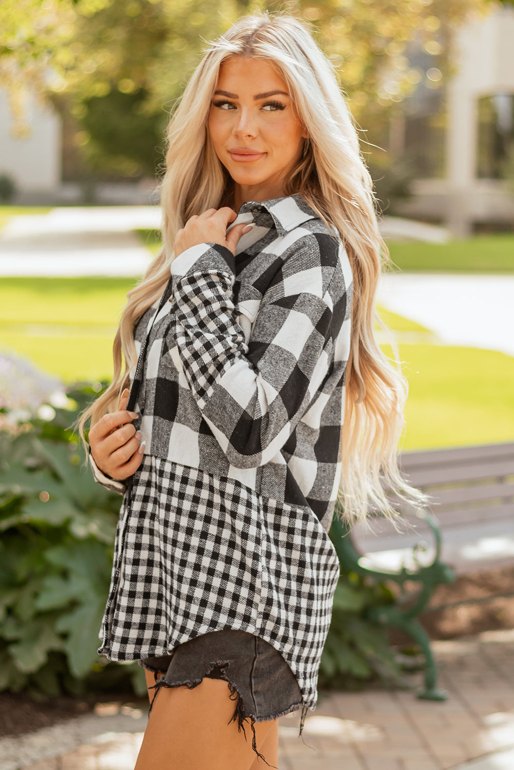 Casual Plaid Hoodie Drawstring Button Shacket