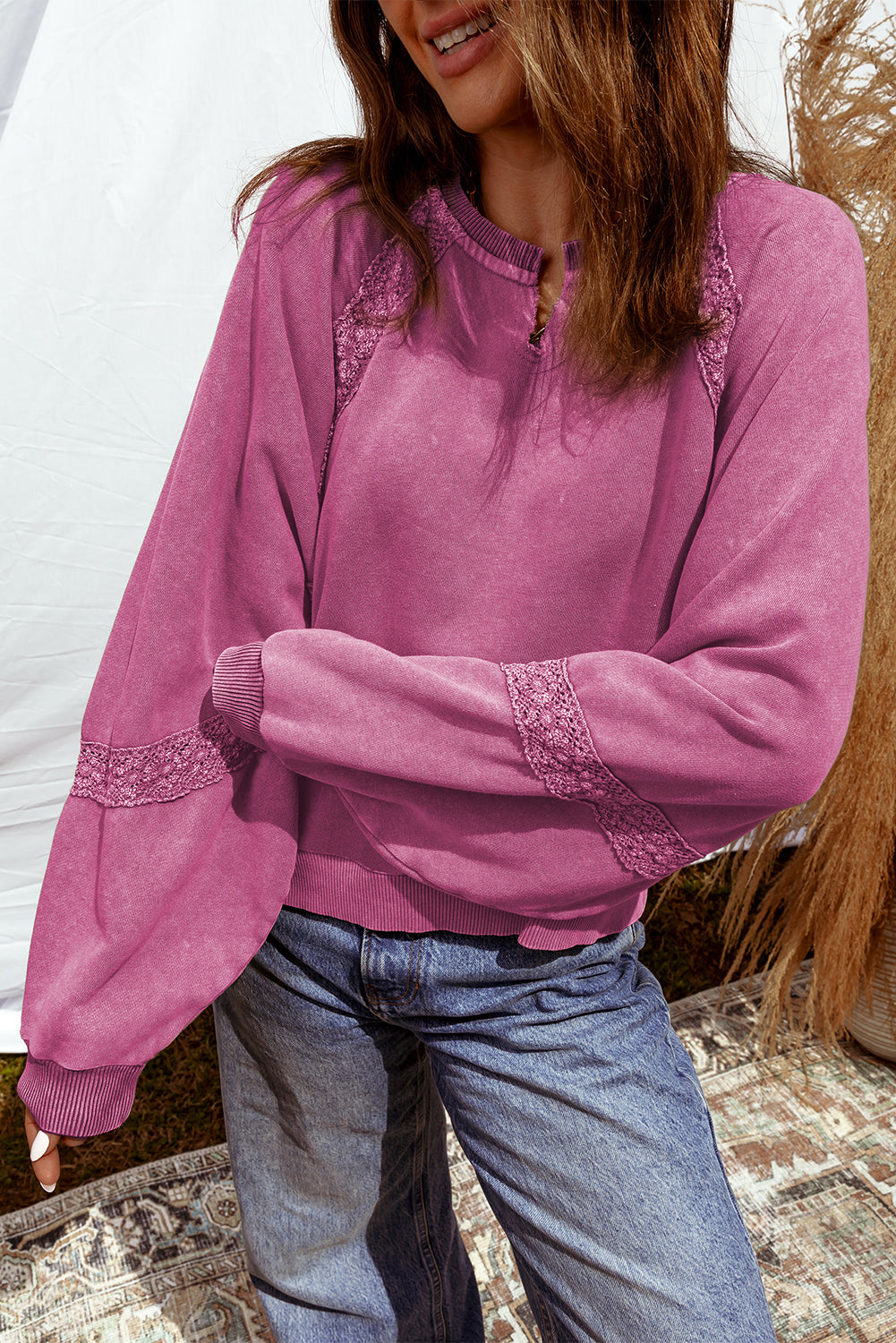 Vintage Lace Patch Mineral Wash Oversized Sweatshirt