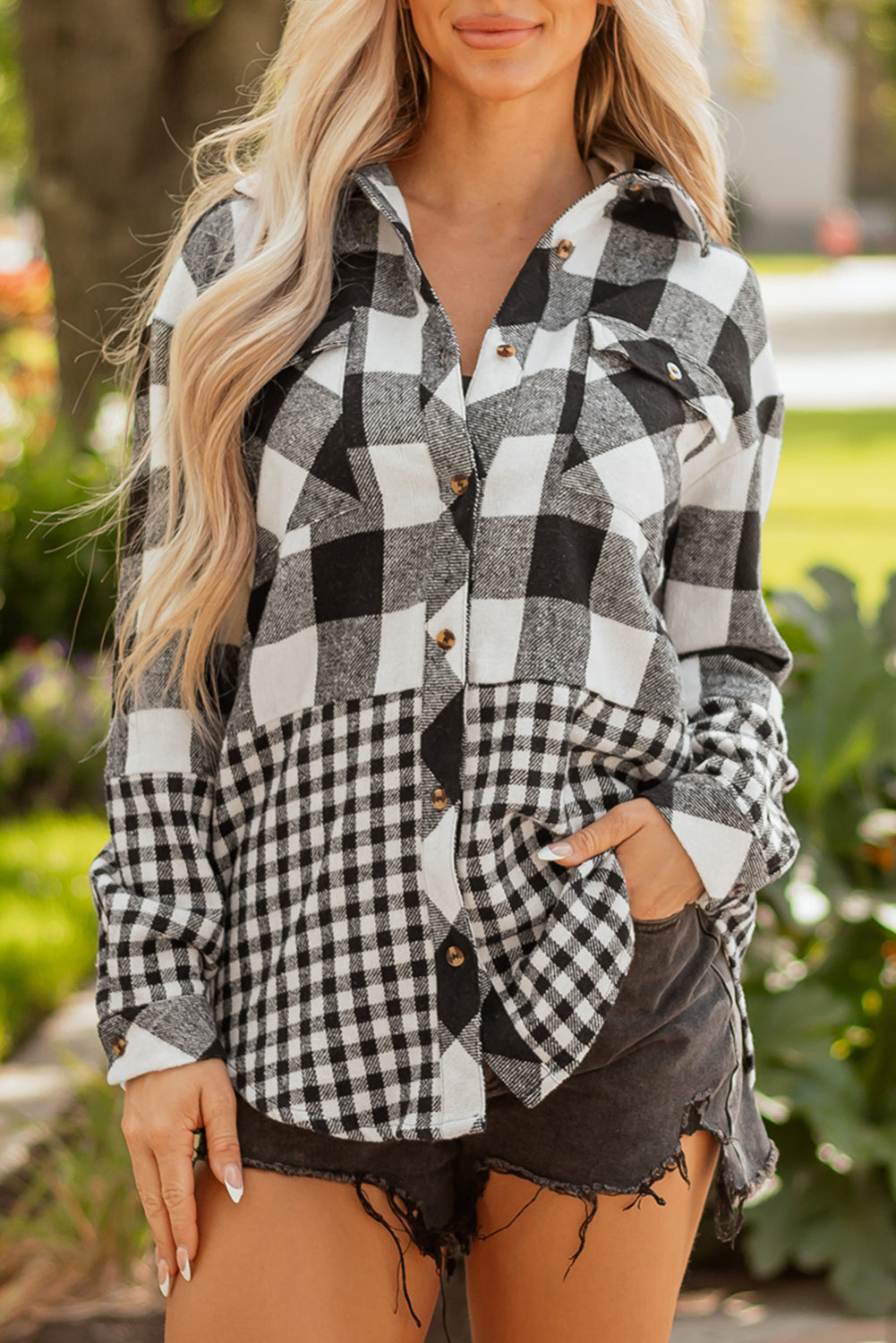 Casual Plaid Hoodie Drawstring Button Shacket