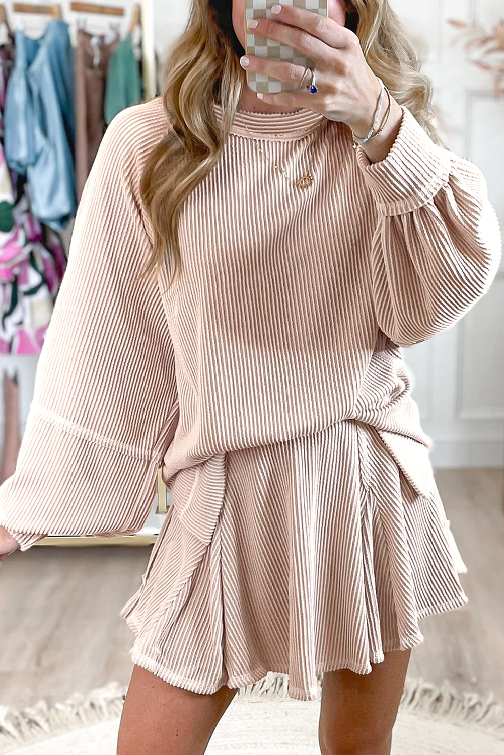 Corded Lantern Sleeve Top High Waist Ruffled Skirt Set