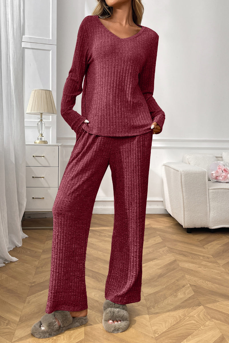 Womens Ribbed Knit Lounge Set Off Shoulder Pajama