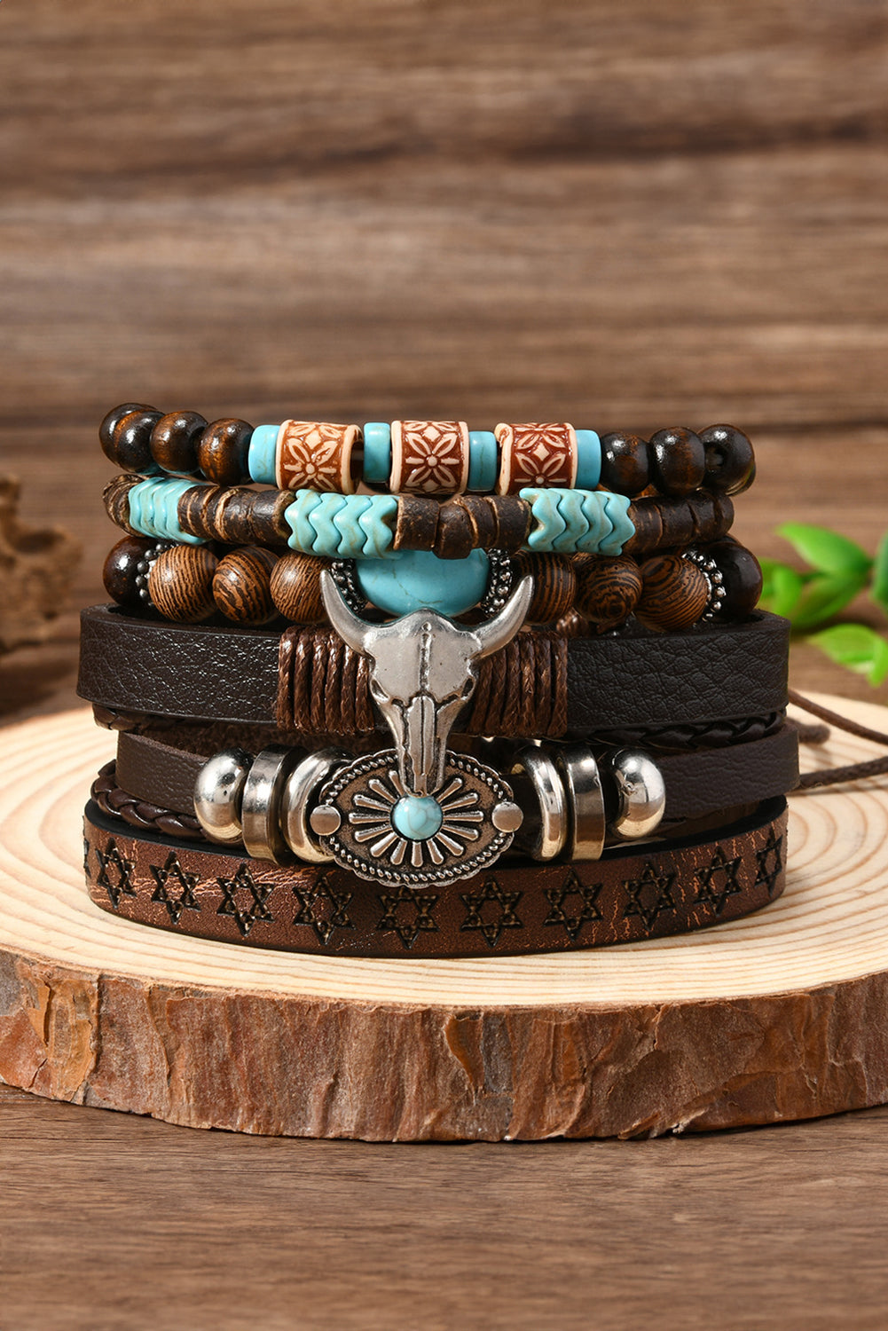 Chestnut Western Bull Skull Turquoise Beaded Bracelet Set