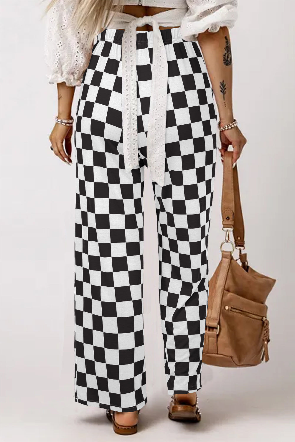 2-Tone Checked High Waist Wide Leg Pants