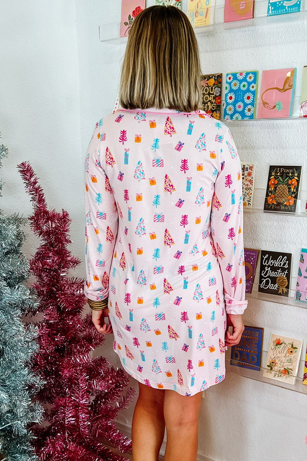 Pink Christmas Tree Print Button-Down Sleep Dress