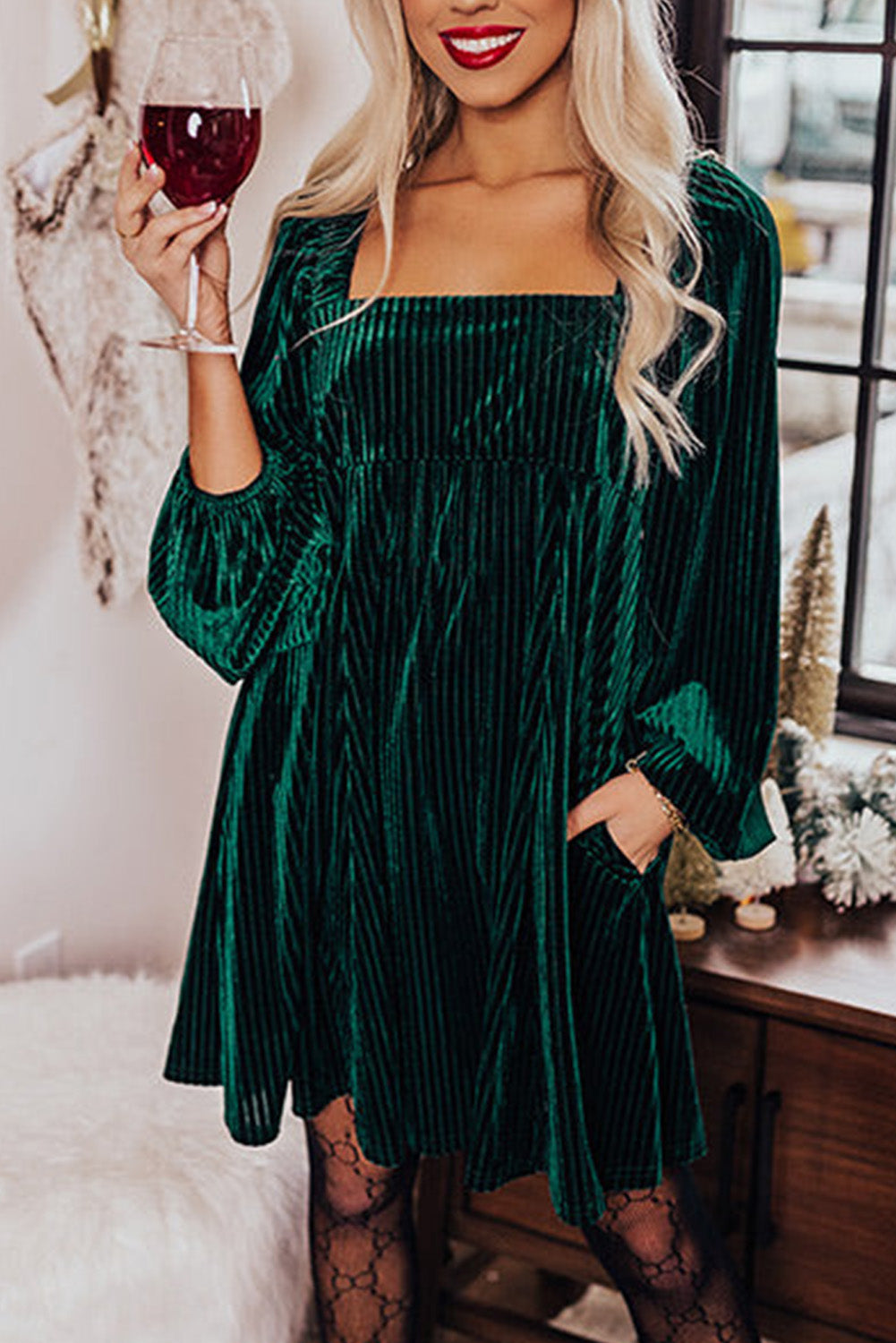 Velvet Tie Back Square Neck Long Sleeve Mini Dress