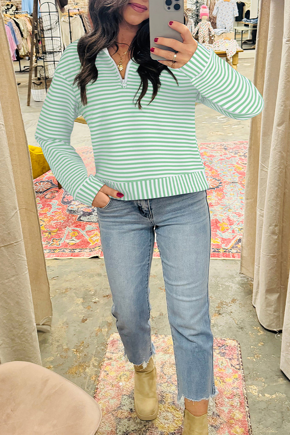 Stripe Quarter Zip Collar Pullover Long Sleeve Top
