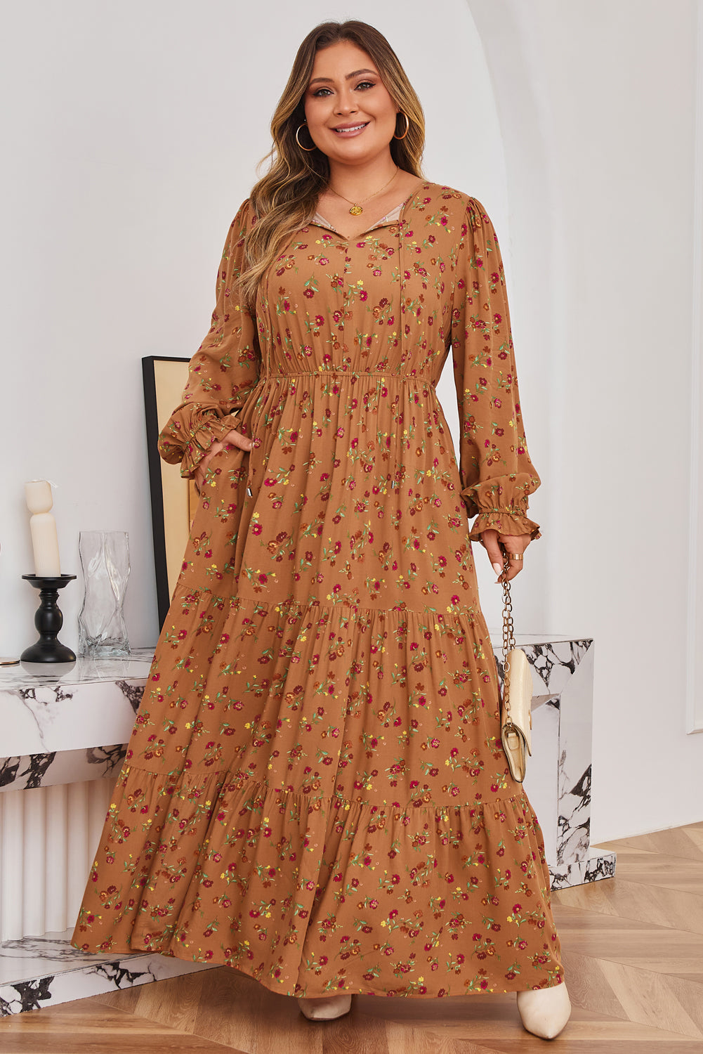 Plus Size Holiday Floral Tiered Maxi Dress