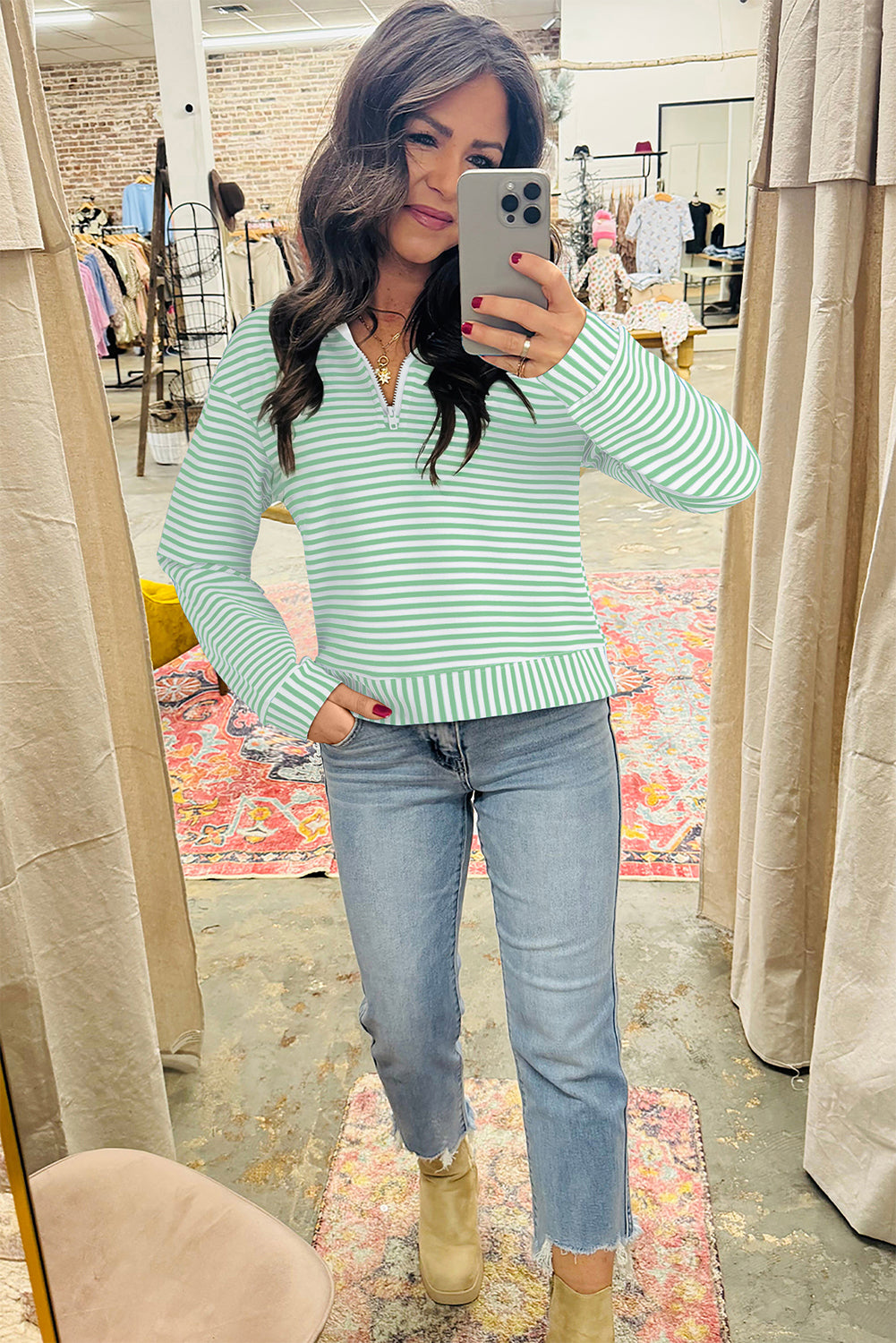 Stripe Quarter Zip Collar Pullover Long Sleeve Top