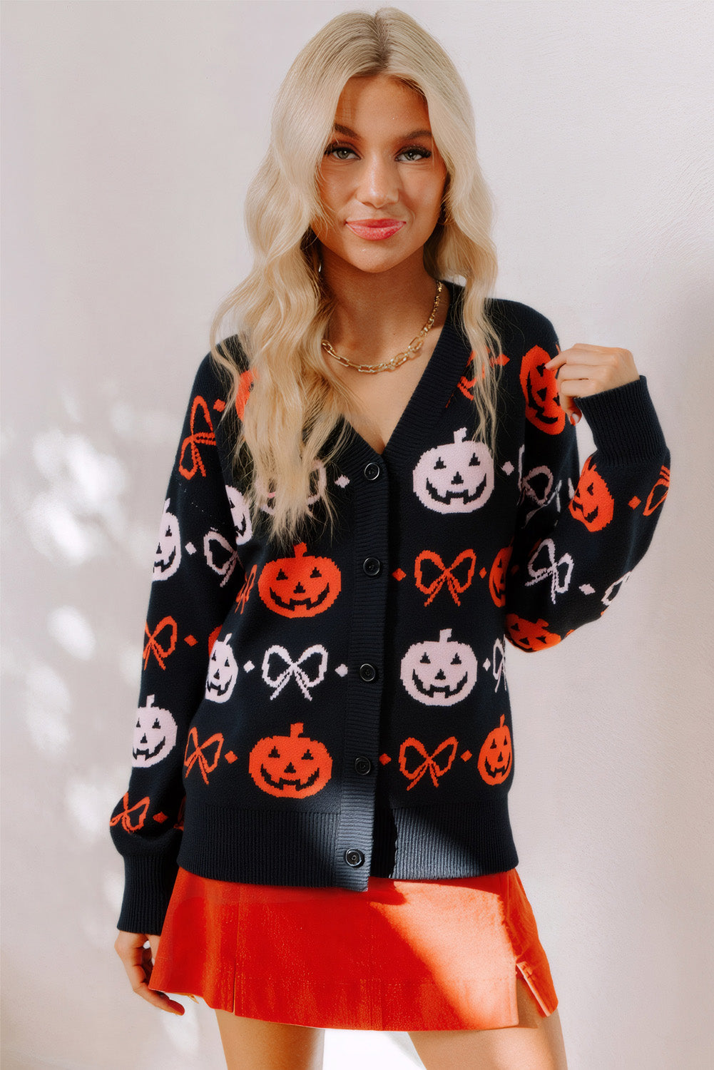 Black Halloween Pumpkin Bow Knit V Neck Cardigan