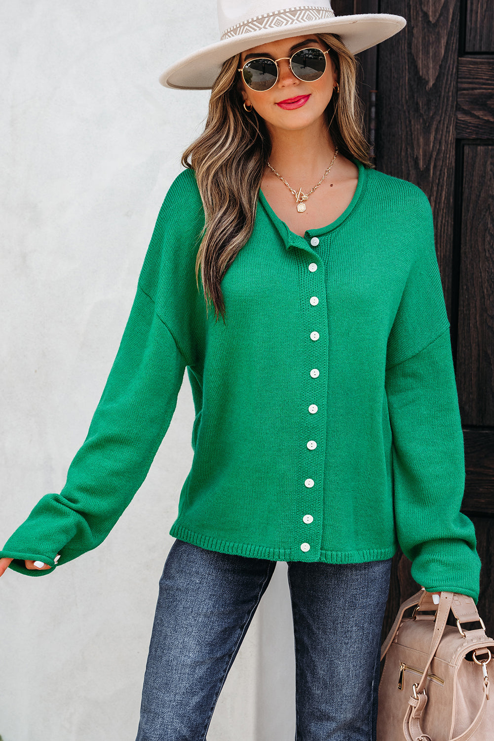 Bright Green Knit Button Front Drop Shoulder Cardigan