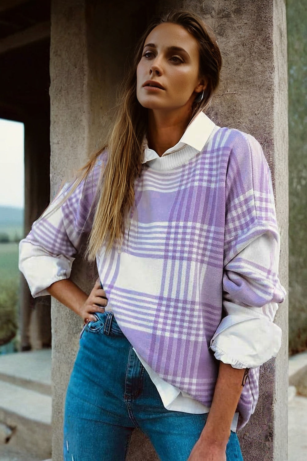 Plaid Print Ribbed Trim Loose Sweater in Lilac