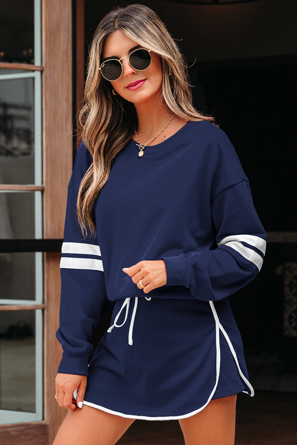 Varsity Stripe Pullover and Mini Skirt Two Piece Set