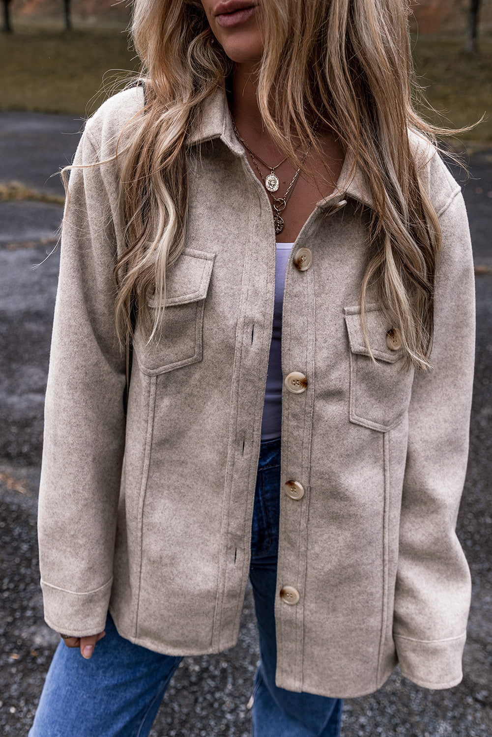 Light Grey Turn-Down Collar Buttoned Pockets Shacket
