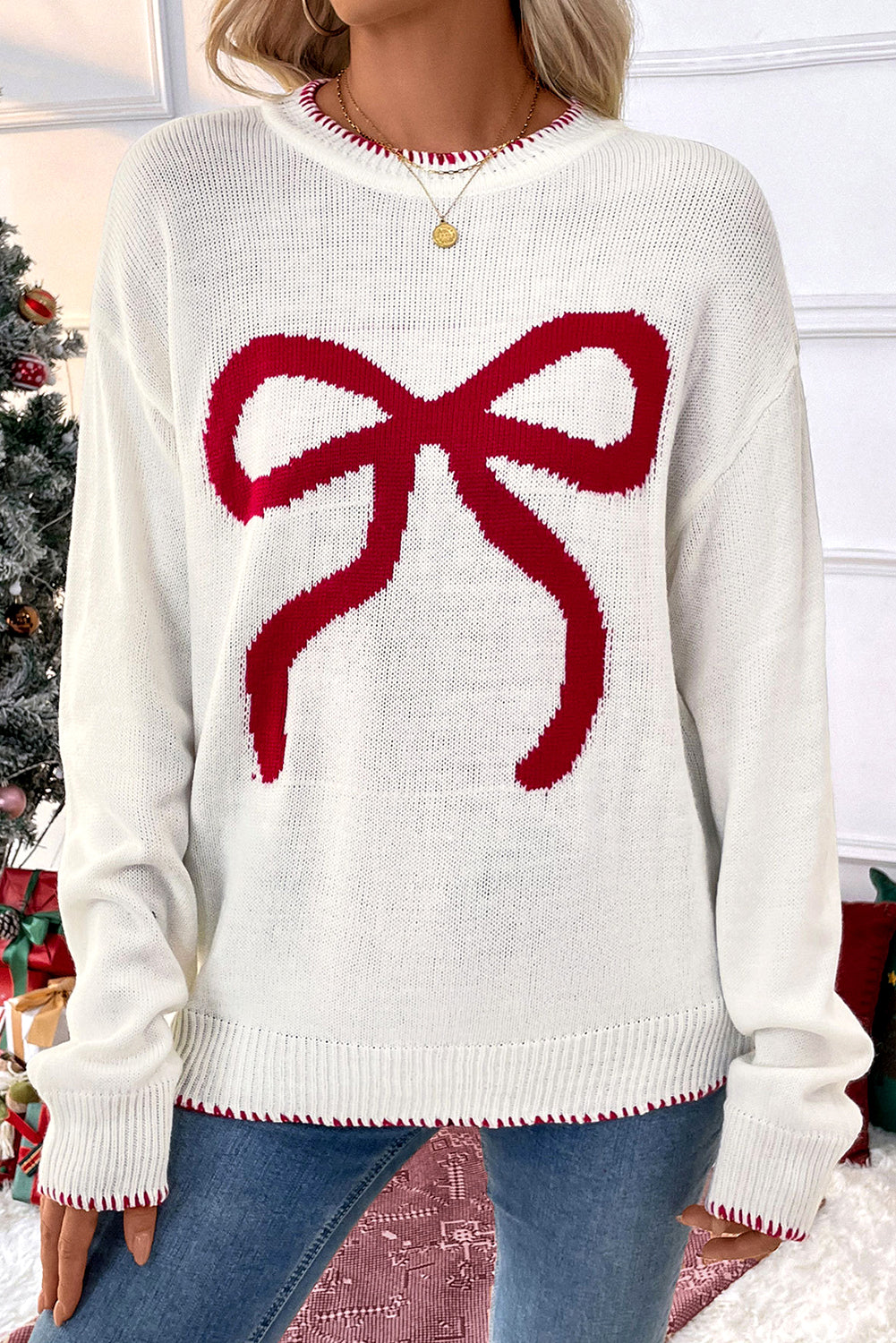 Bow Pattern Contrast Trim Christmas Loose Sweater