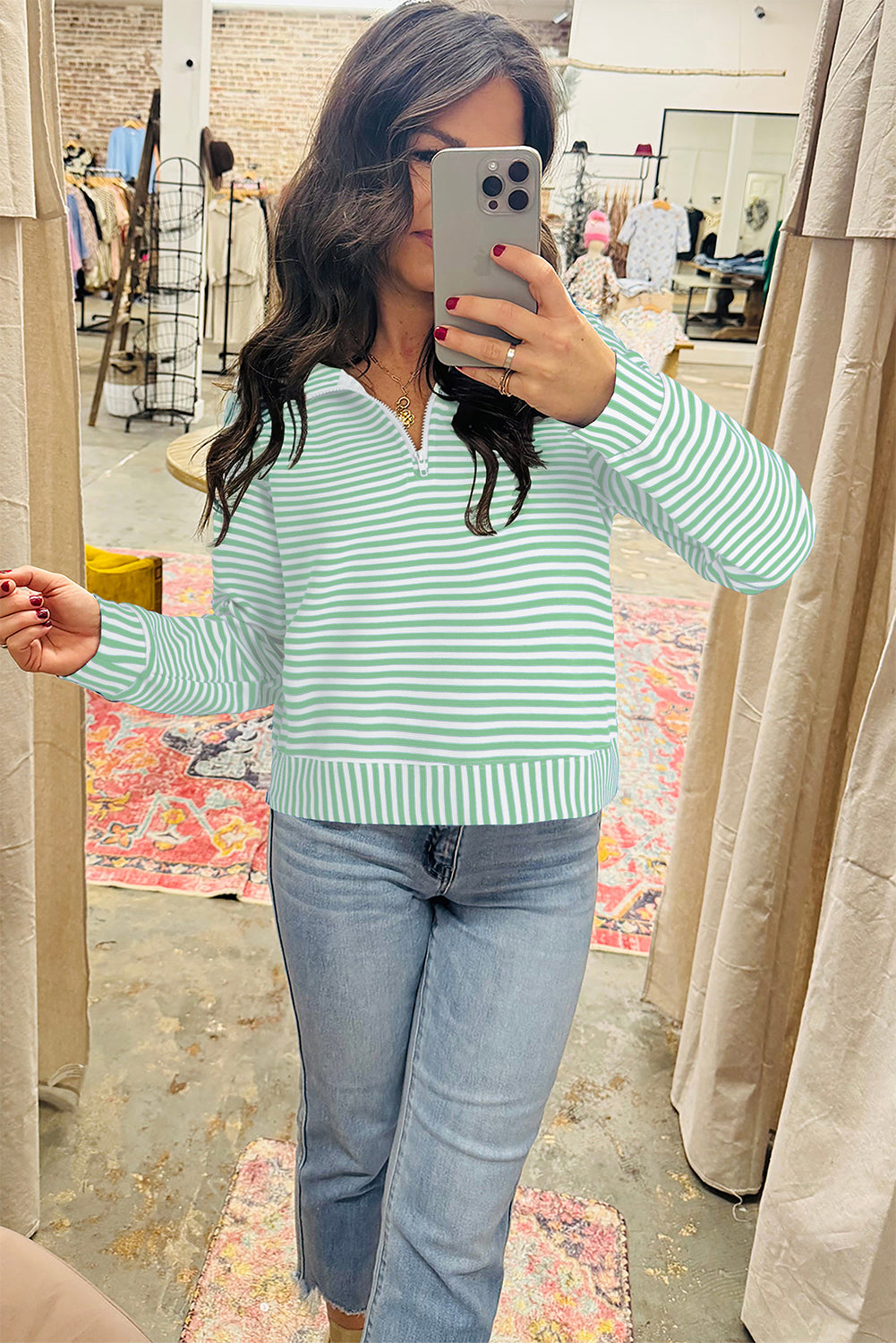 Stripe Quarter Zip Collar Pullover Long Sleeve Top