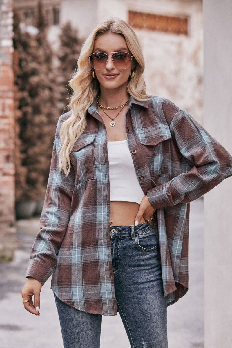 Plaid Oversized Shirt for Women Casual Street Style Fall Top
