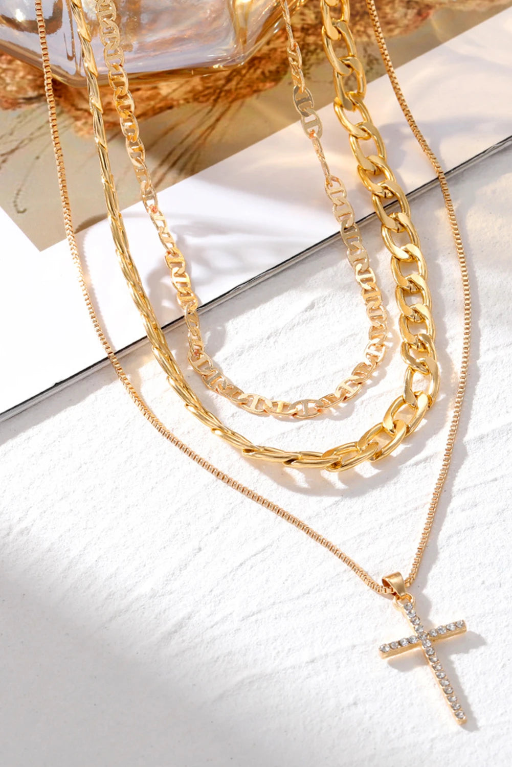 Gold Cross Rhinestone Layered Chain Necklace