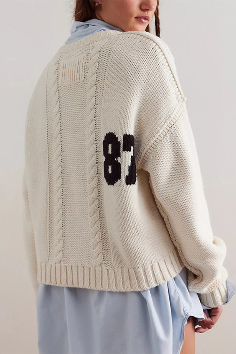 Casual Number Graphic Knit Sweater Long Sleeve Pullover