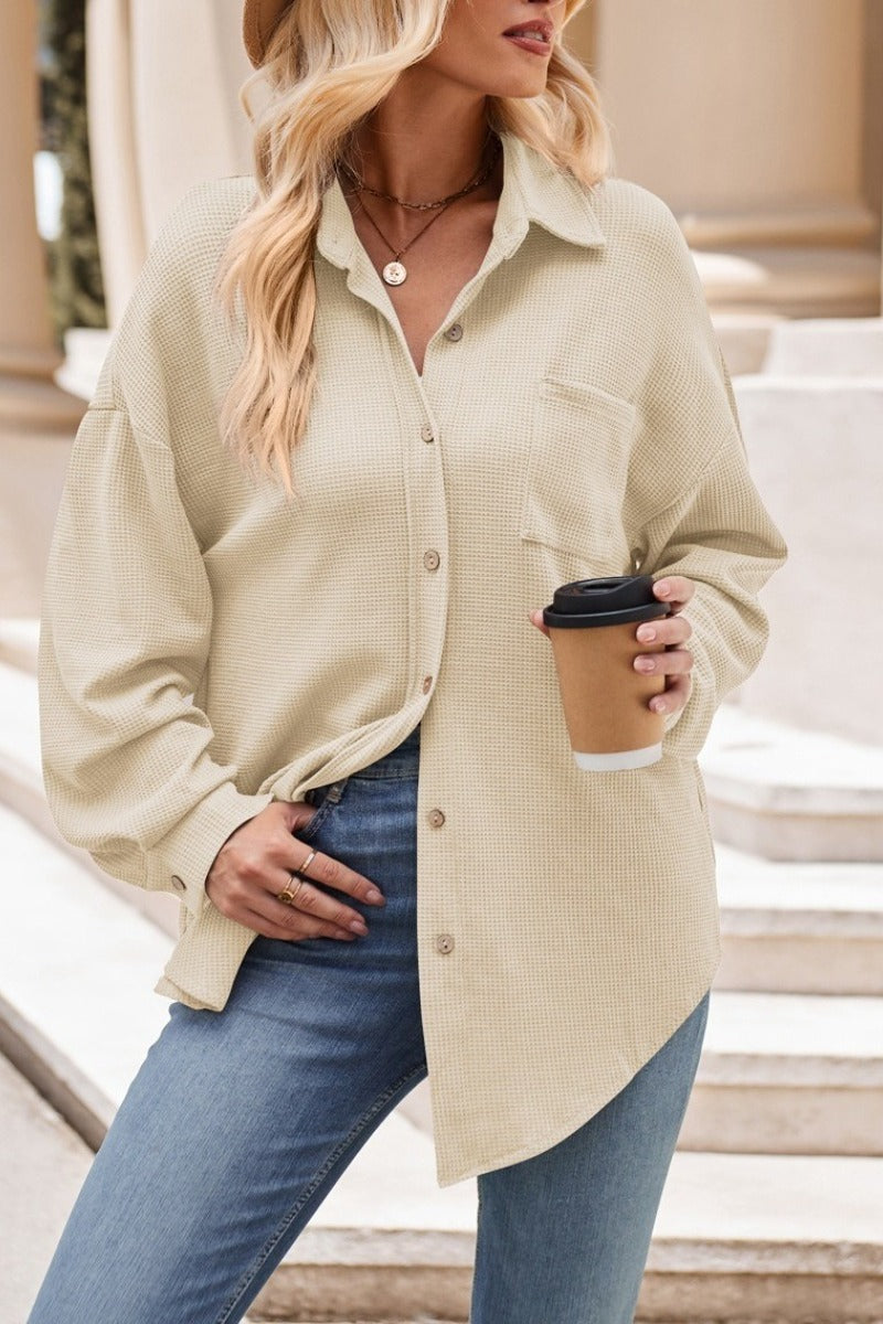 Oversized Waffle Knit Button Down Casual Shirt Top
