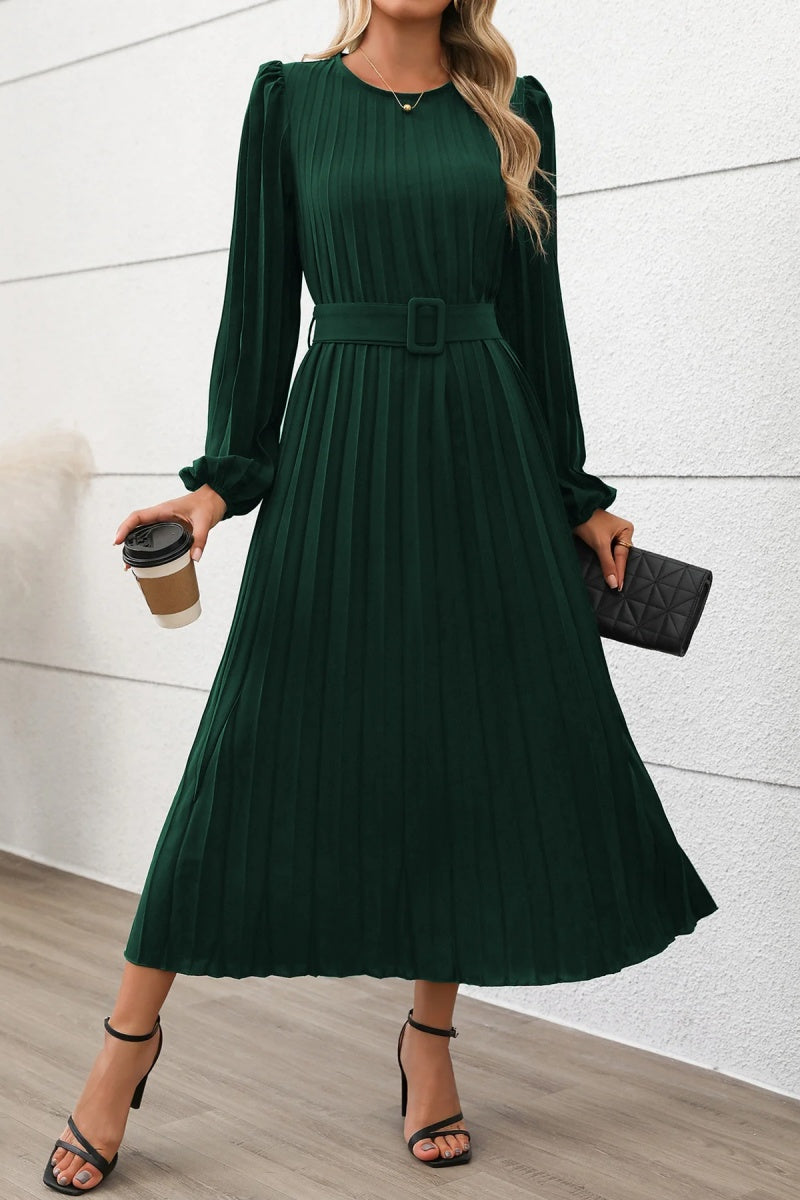 Elegant Fall Pleated Long Sleeve Belted Midi Dress
