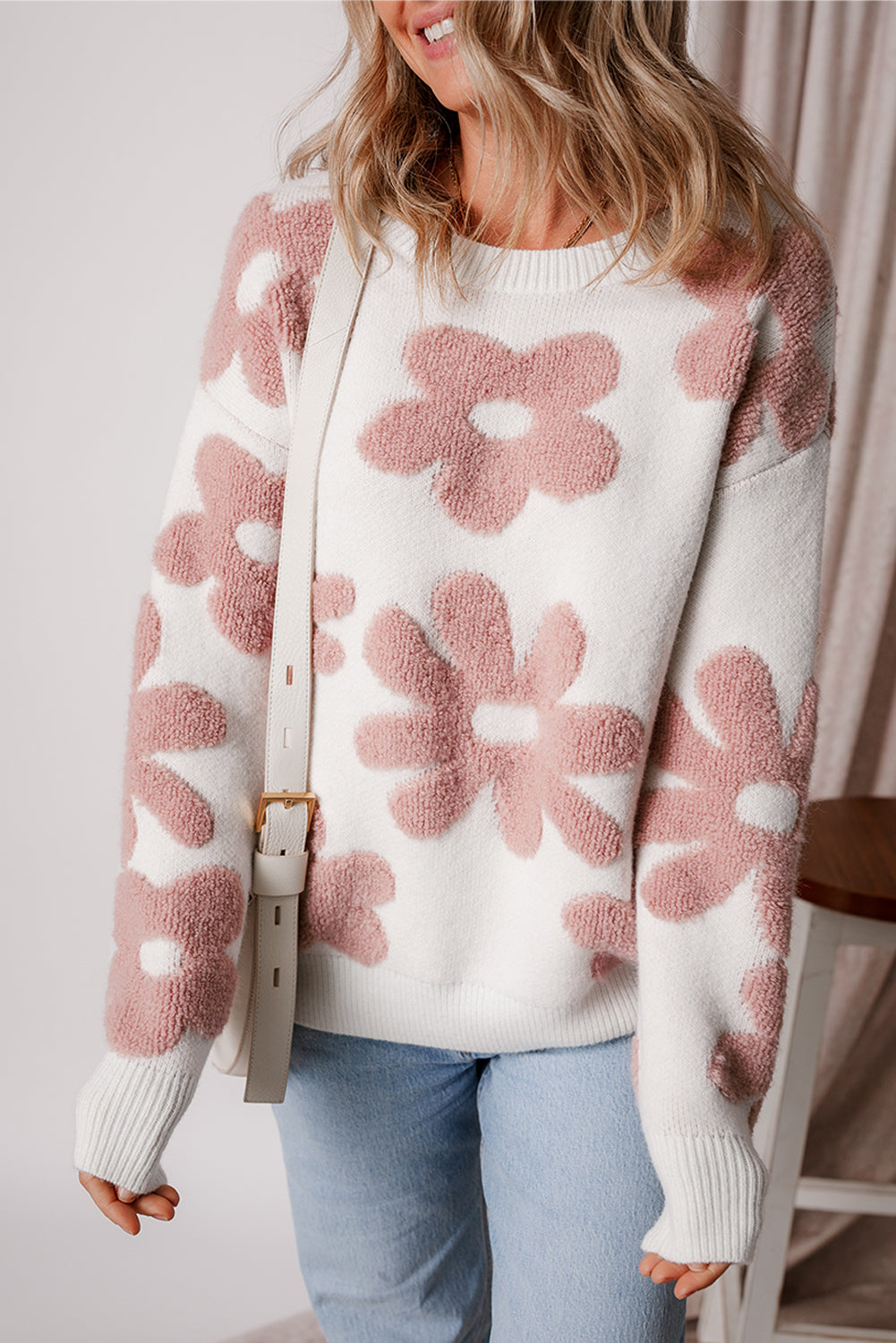 Textured Floral Fuzzy Knit Pullover Sweater