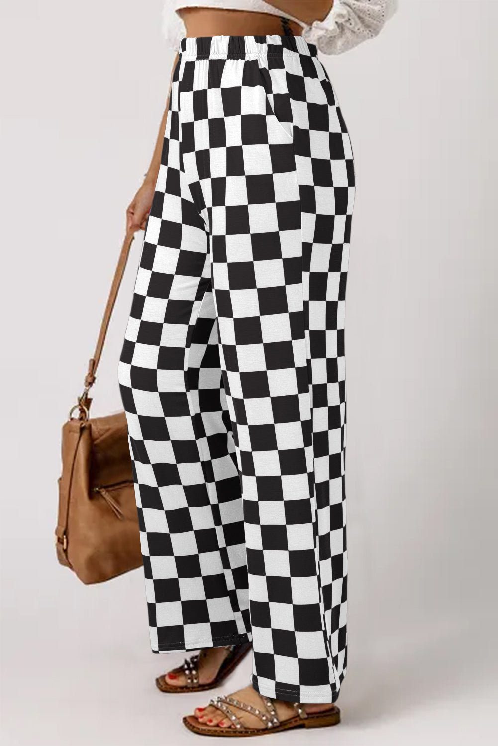 2-Tone Checked High Waist Wide Leg Pants