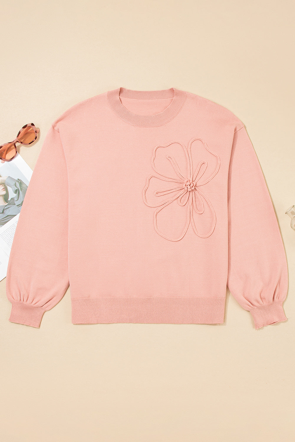 Blossom Big Flower Accent Bubble Sleeve Sweater
