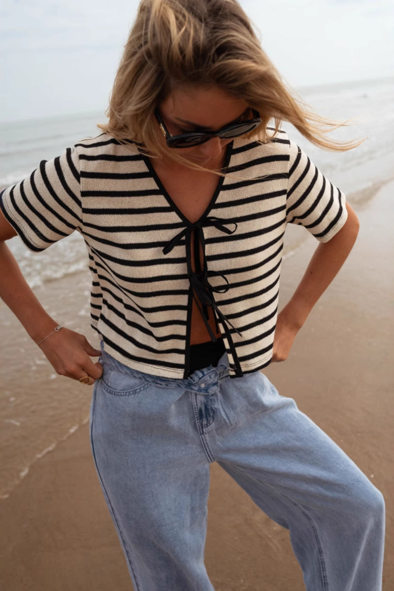 Striped Tie Front Knit Cardigan Sweater for Women