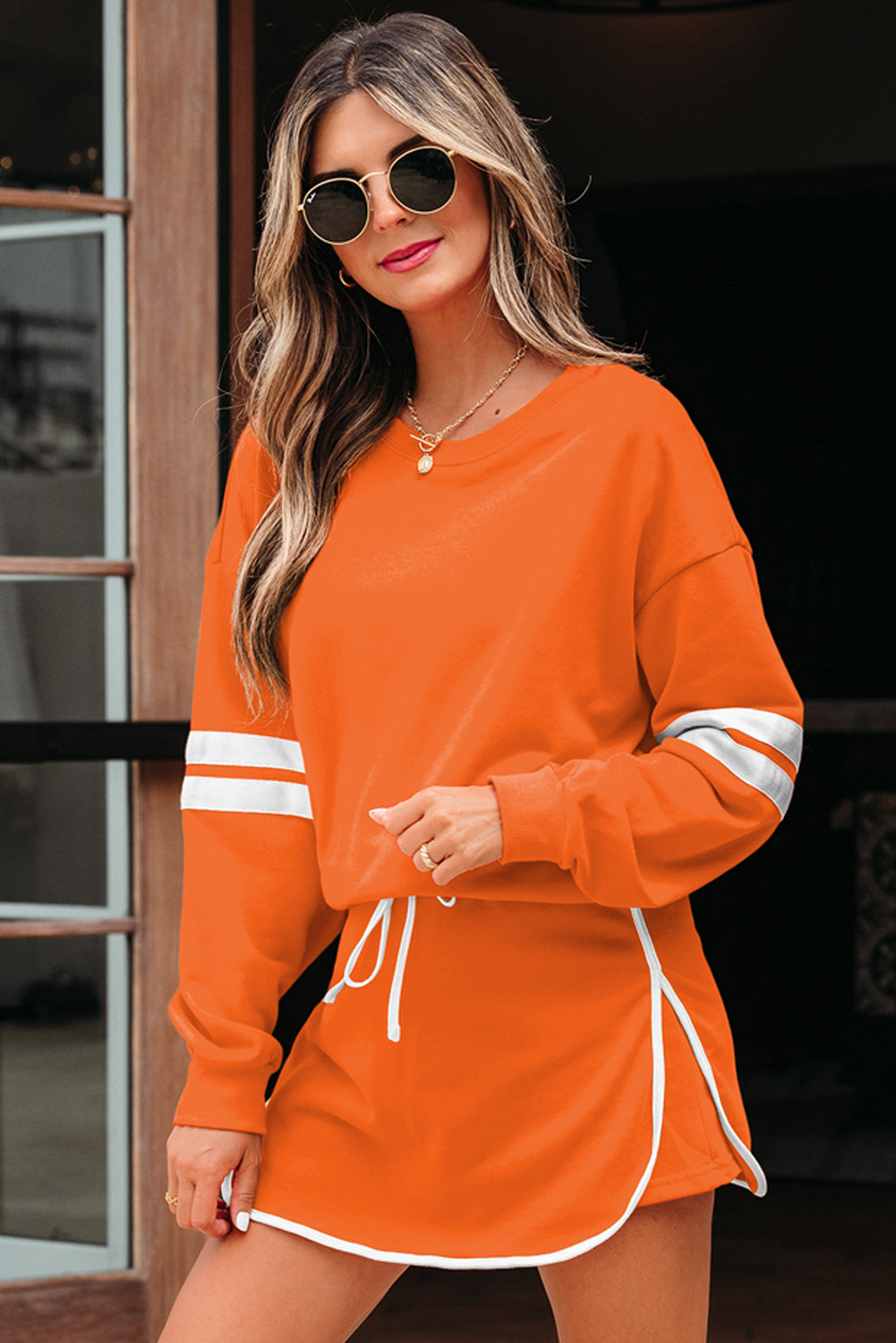 Varsity Stripe Pullover and Mini Skirt Two Piece Set