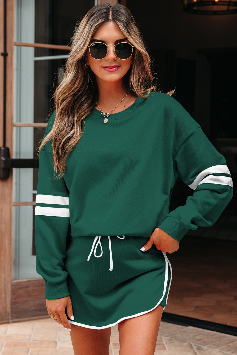 Varsity Stripe Pullover and Mini Skirt Two Piece Set