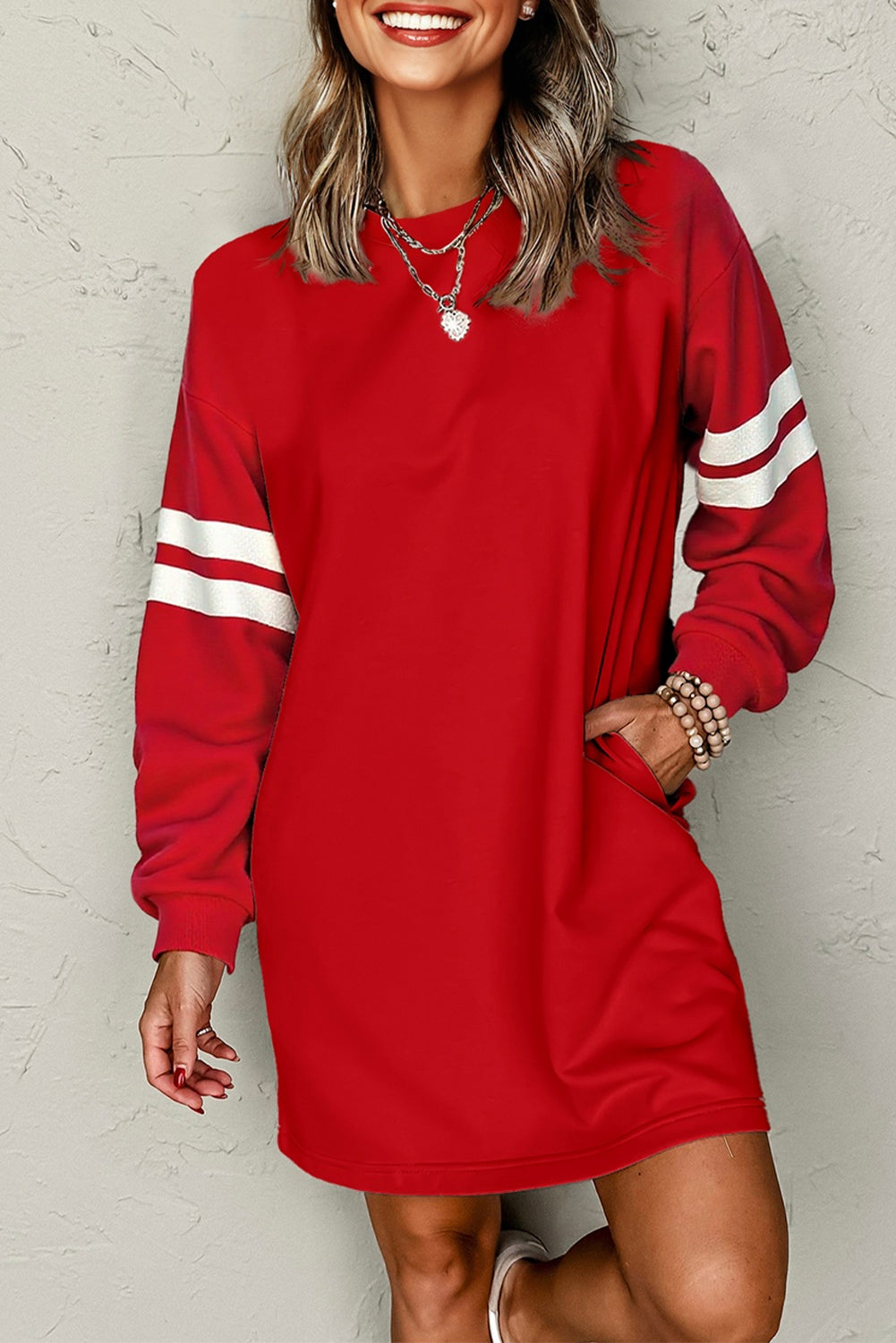 Varsity Contrast Banded Sleeve Shift Sweatshirt Dress