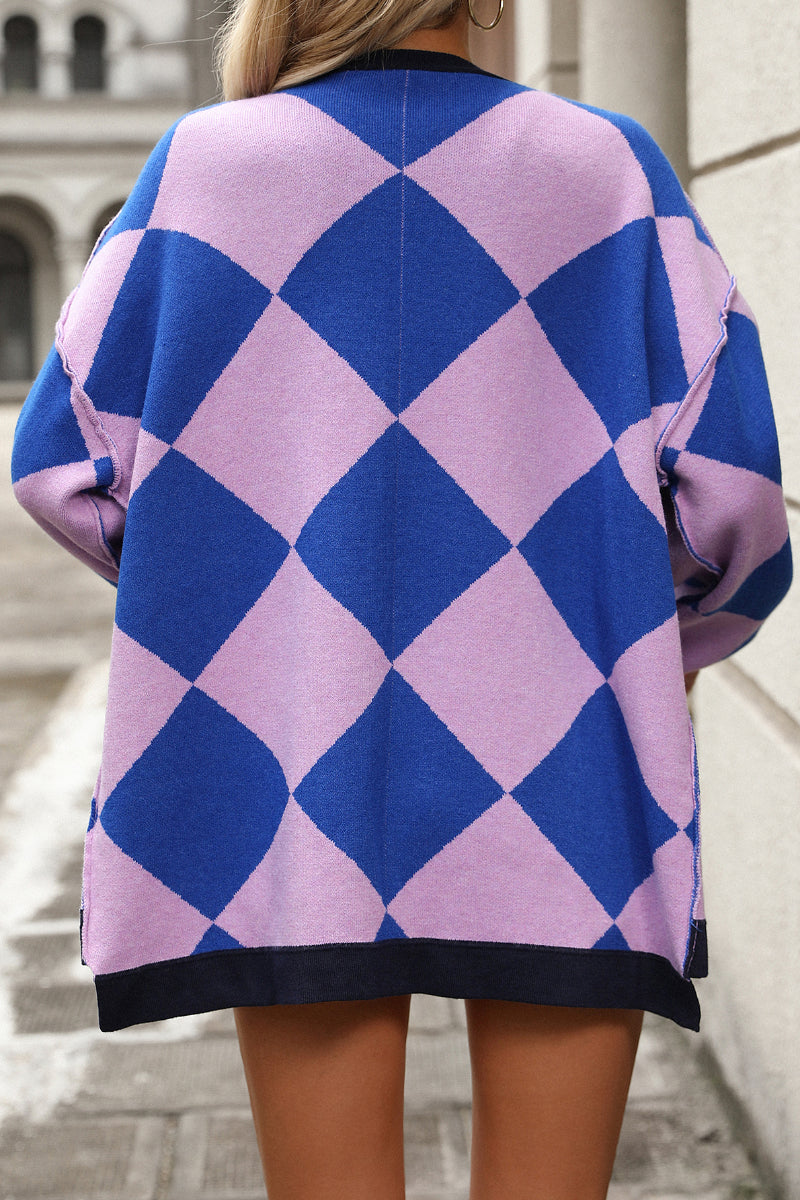 V-neck Colorblock Knit Cardigan Sweater - Casual and Chic