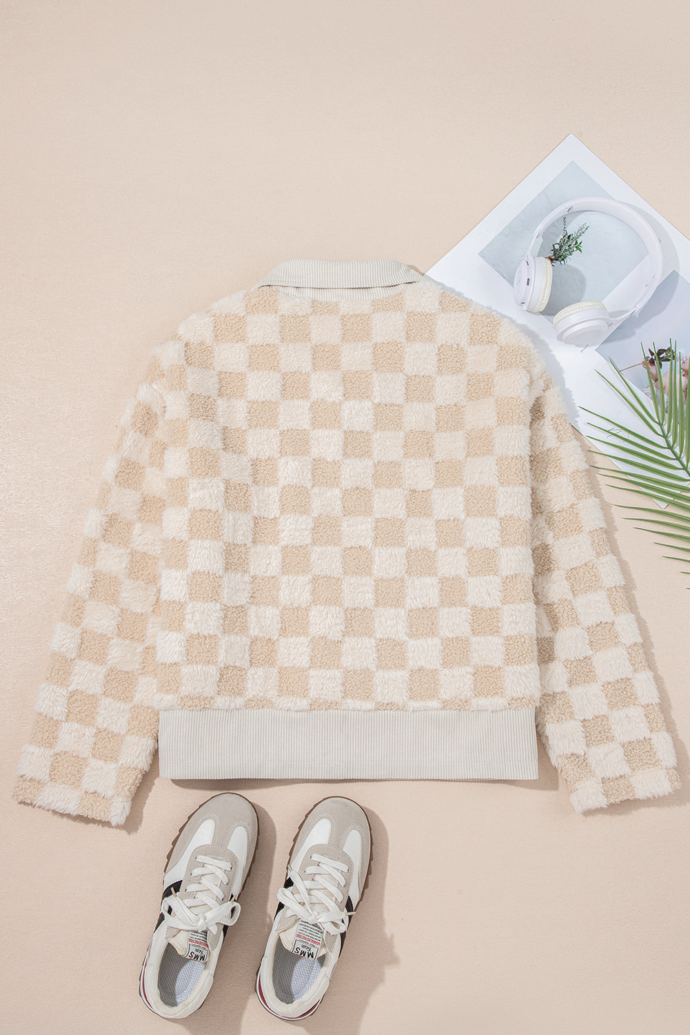 Khaki Checkered Sherpa Zip Up Jacket for Fall