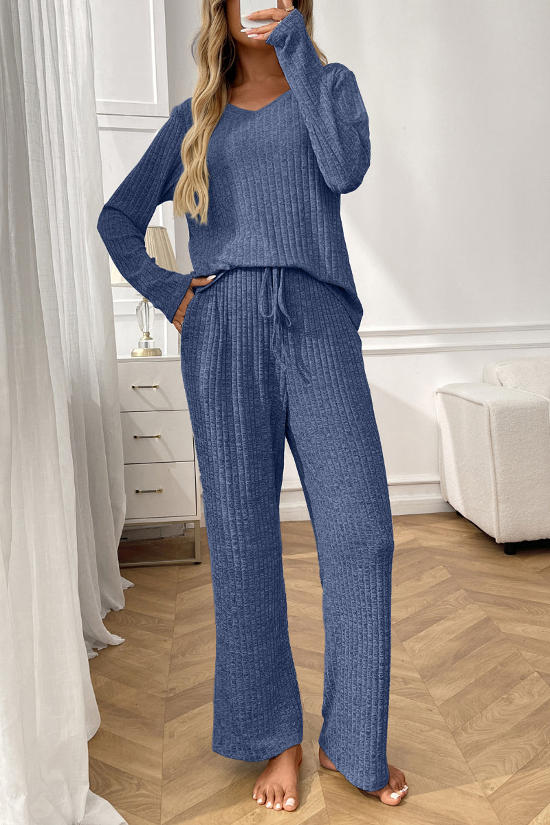Womens Ribbed Knit Lounge Set Off Shoulder Pajama