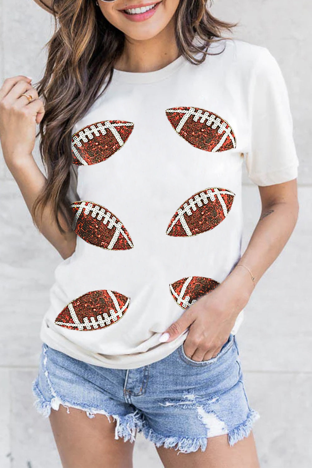 White Sequined Football Graphic T-Shirt for Game Day