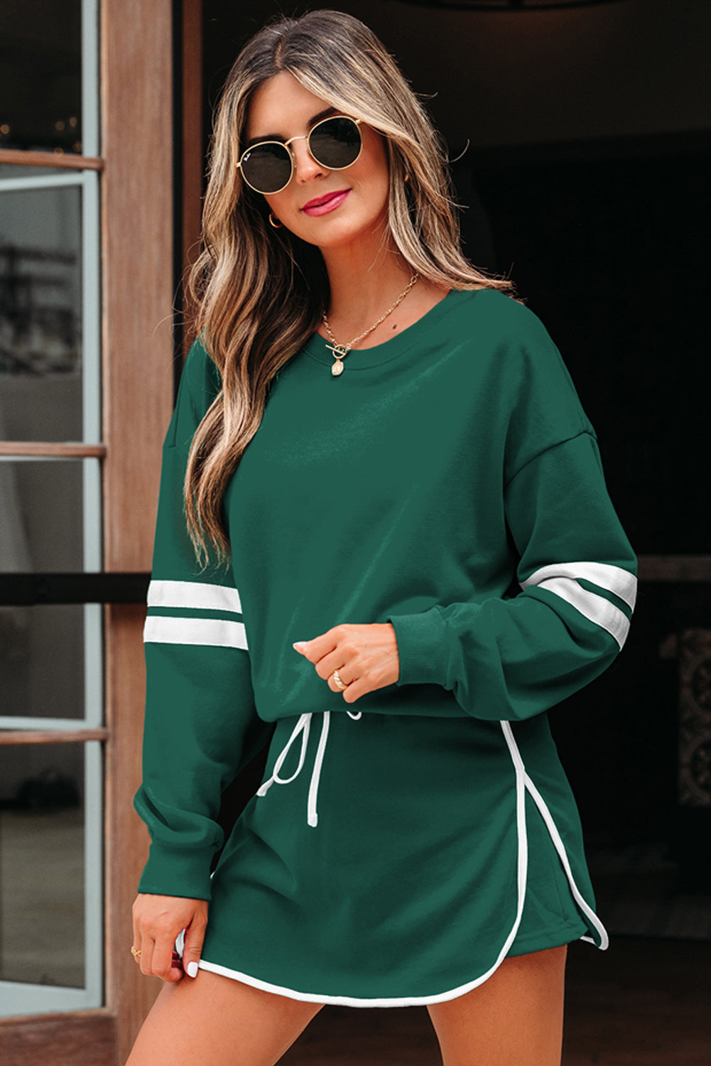 Varsity Stripe Pullover and Mini Skirt Two Piece Set