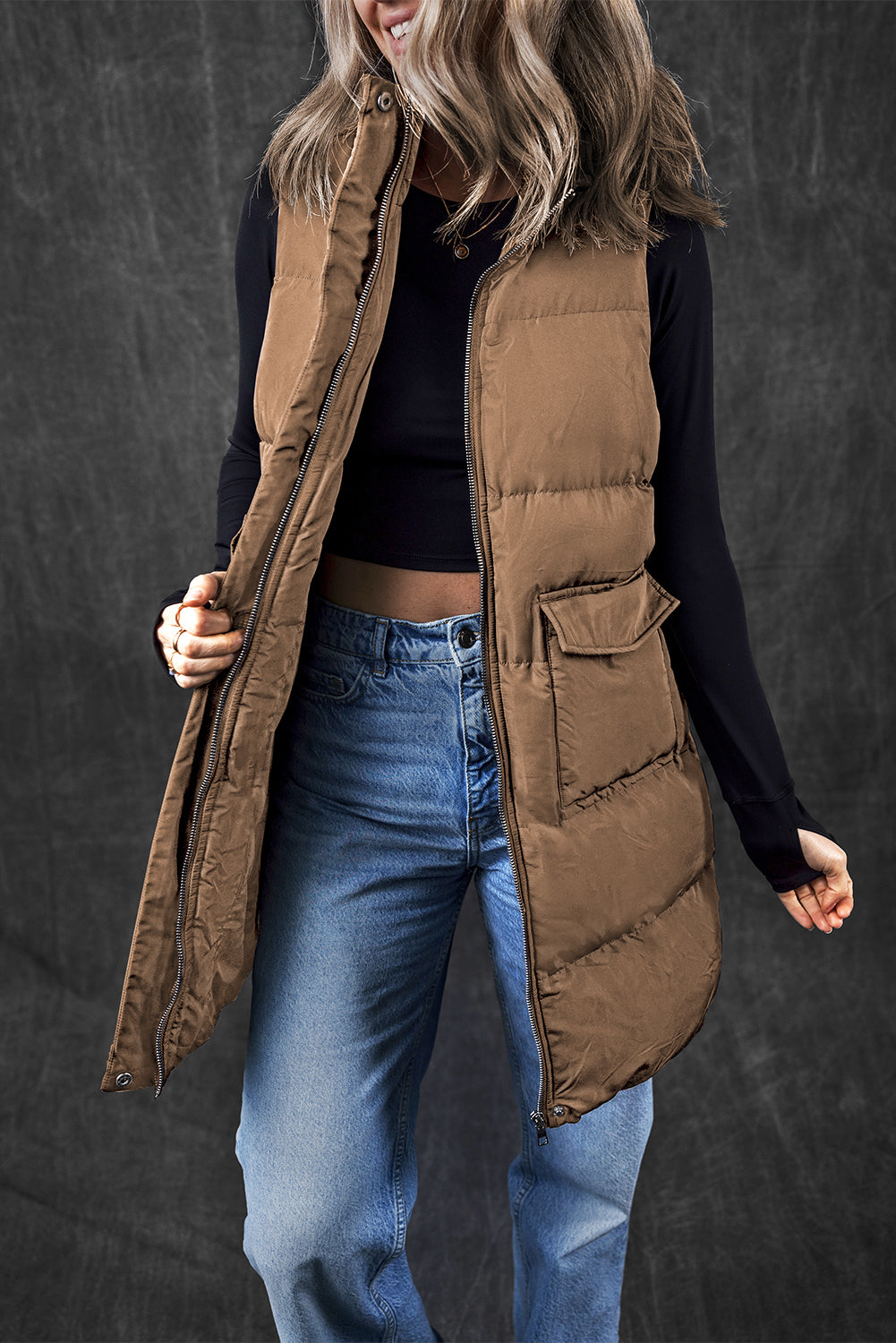 Windproof Longline Puffer Vest with Pockets