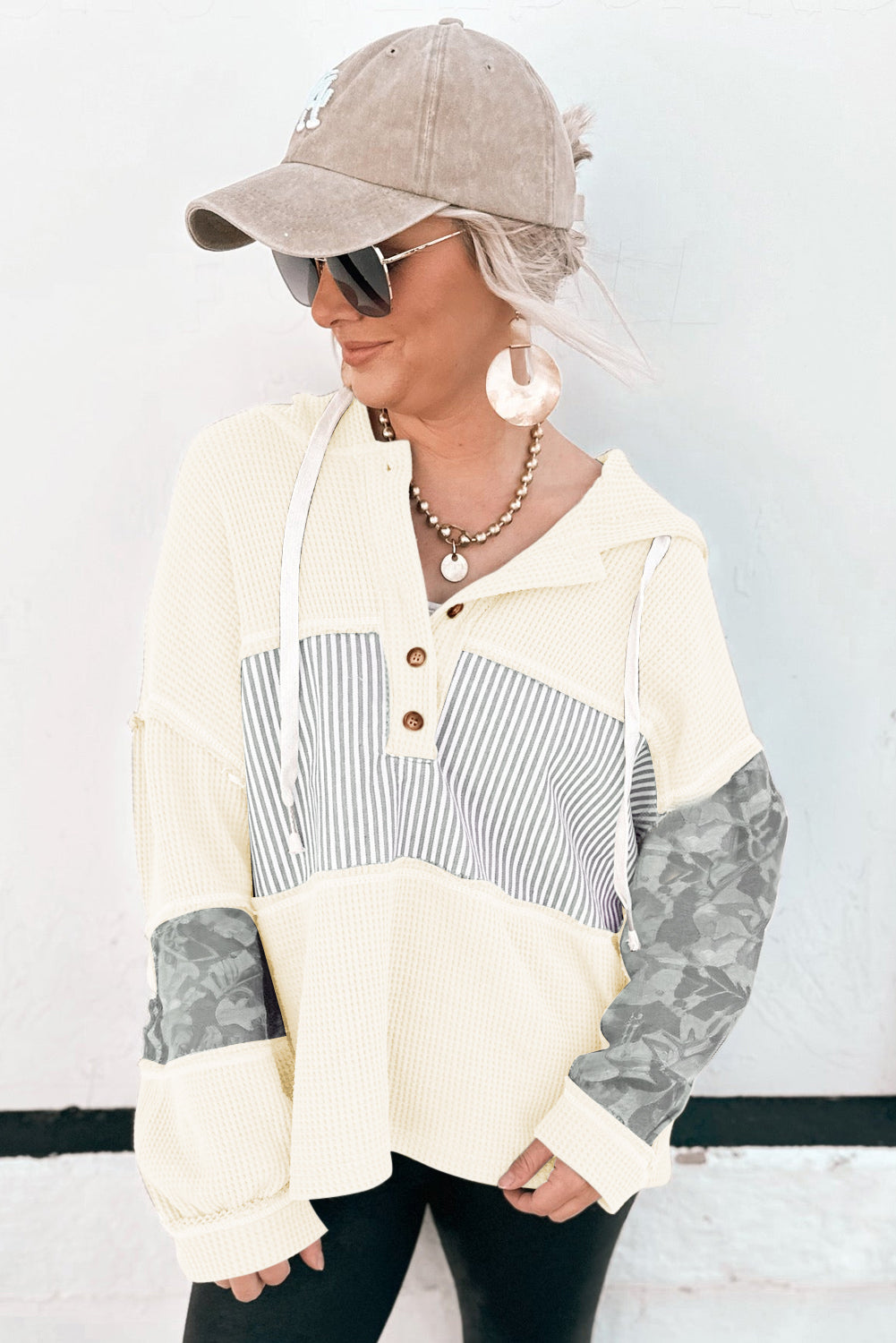 Waffle Patchwork Stripe Print Hooded Long Sleeve Top