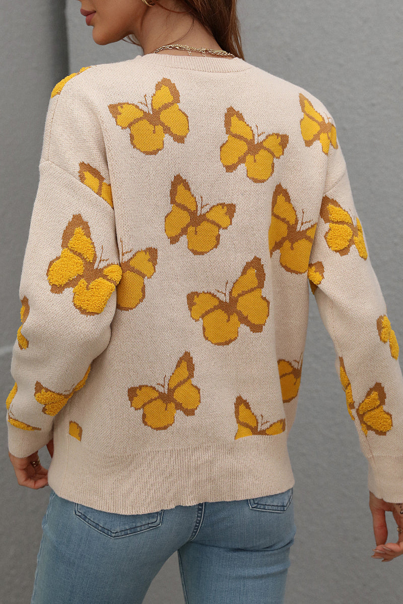 Womens Butterfly Print Crewneck Knit Sweater