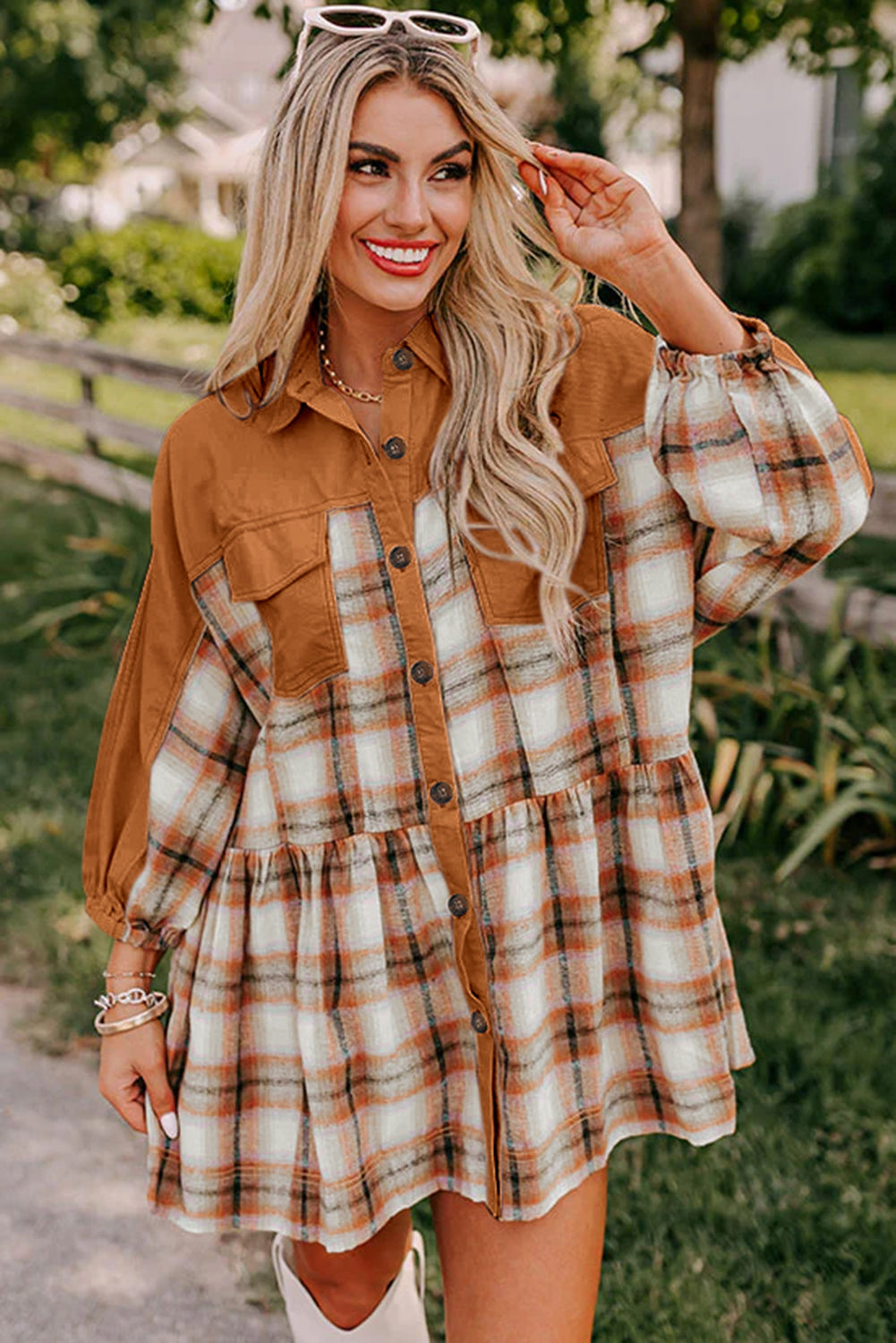 Plaid Color Block Button Up Tunic Shirt Dress