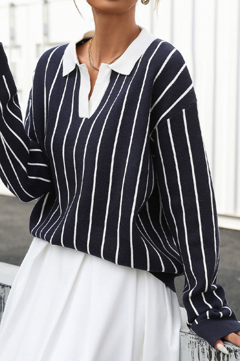 Striped Knit Polo Sweater Long Sleeve Street Style