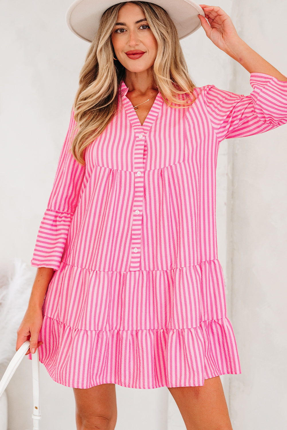 Pink Stripe V Neck Flare Sleeve Mini Dress