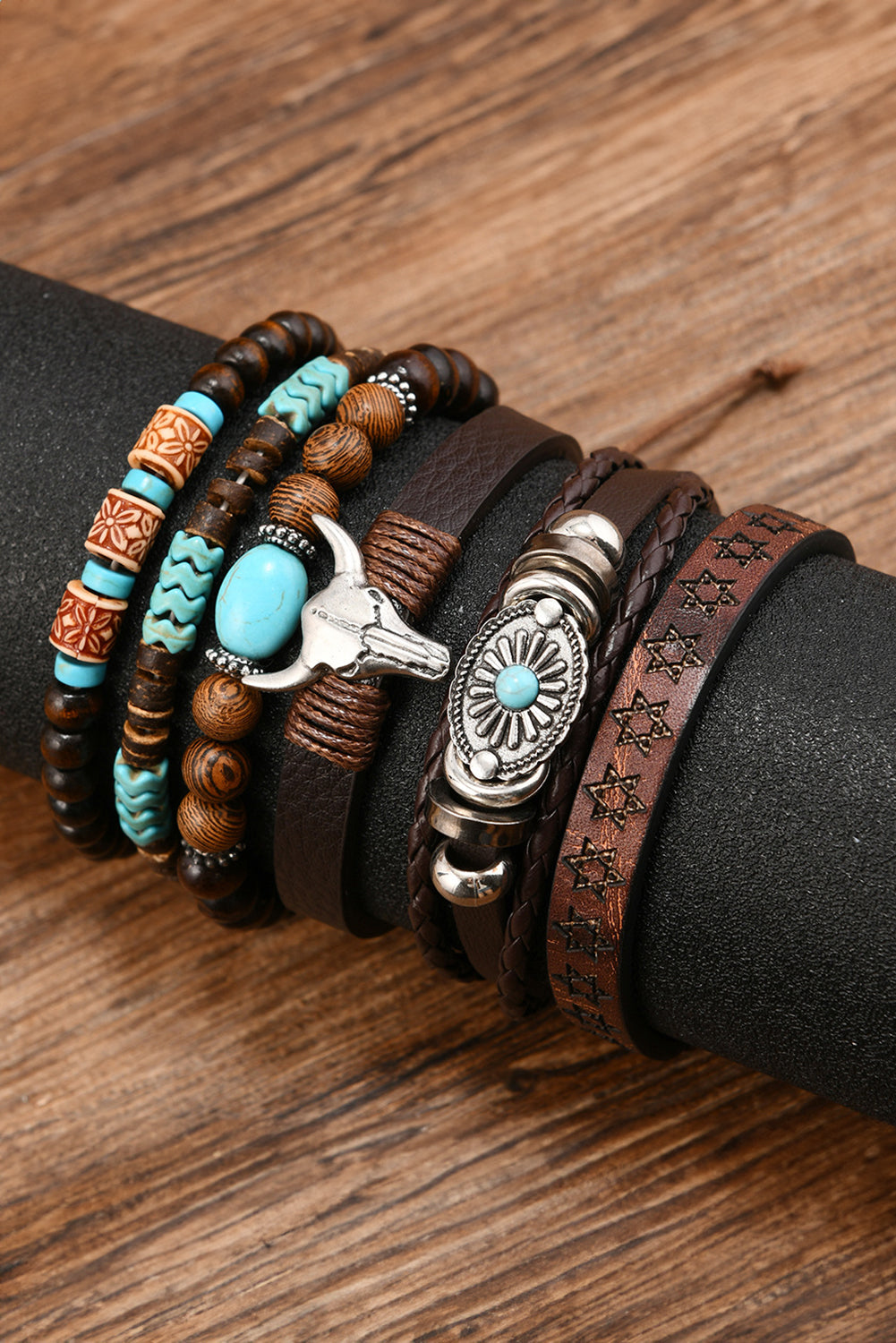 Chestnut Western Bull Skull Turquoise Beaded Bracelet Set