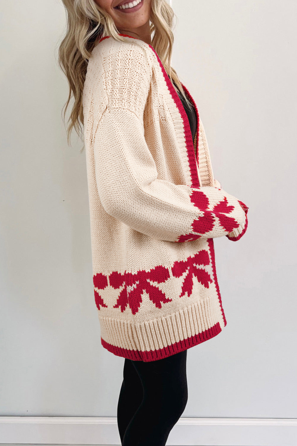 Apricot Bow Pattern Textured Open Front Cardigan