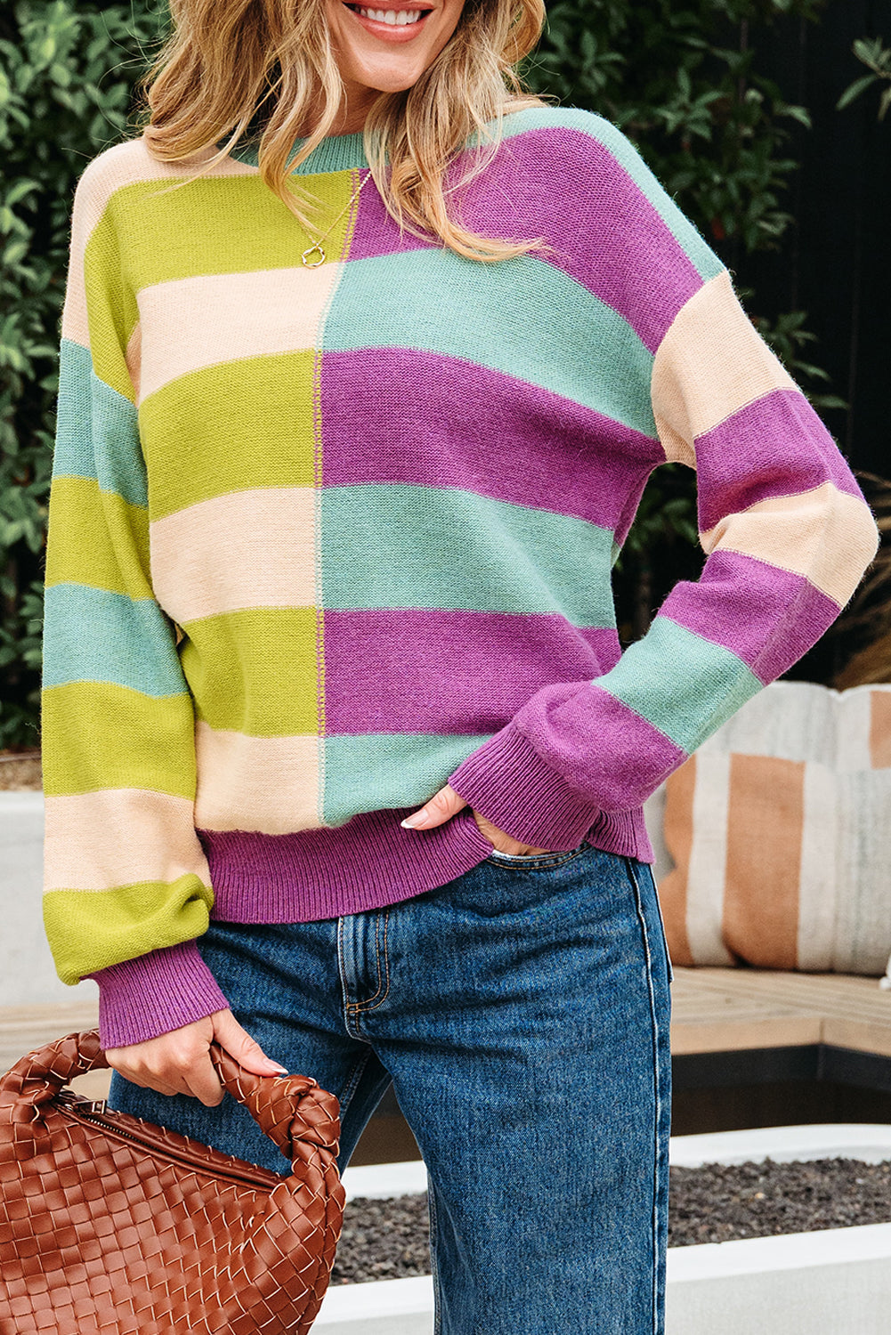 Colorblock Green Stripe Drop Shoulder Sweater