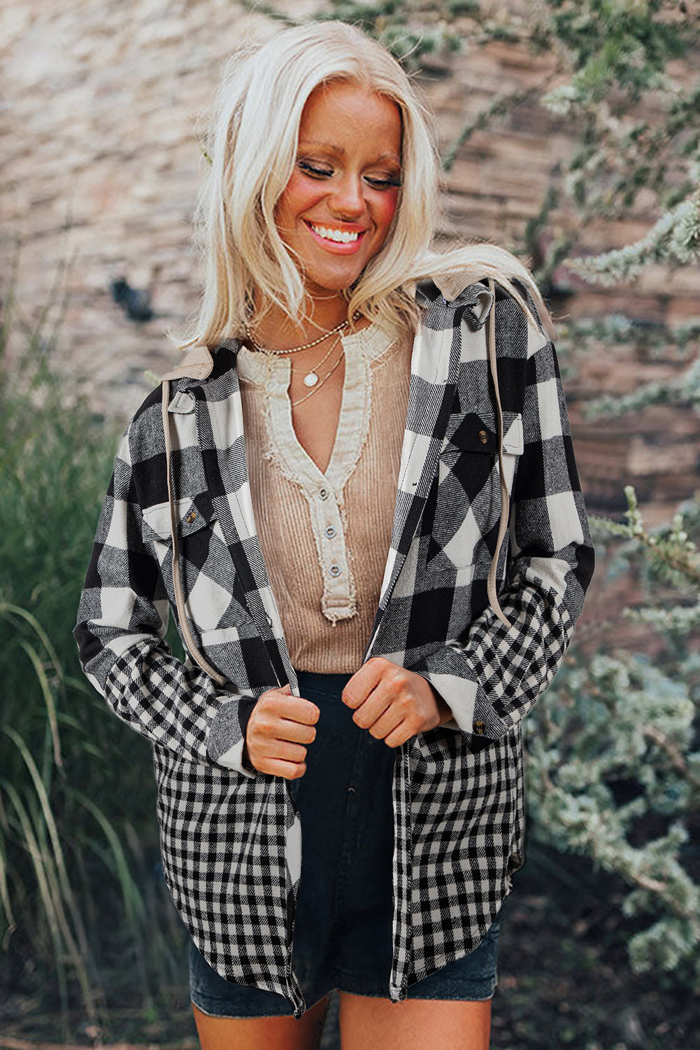 Casual Plaid Hoodie Drawstring Button Shacket