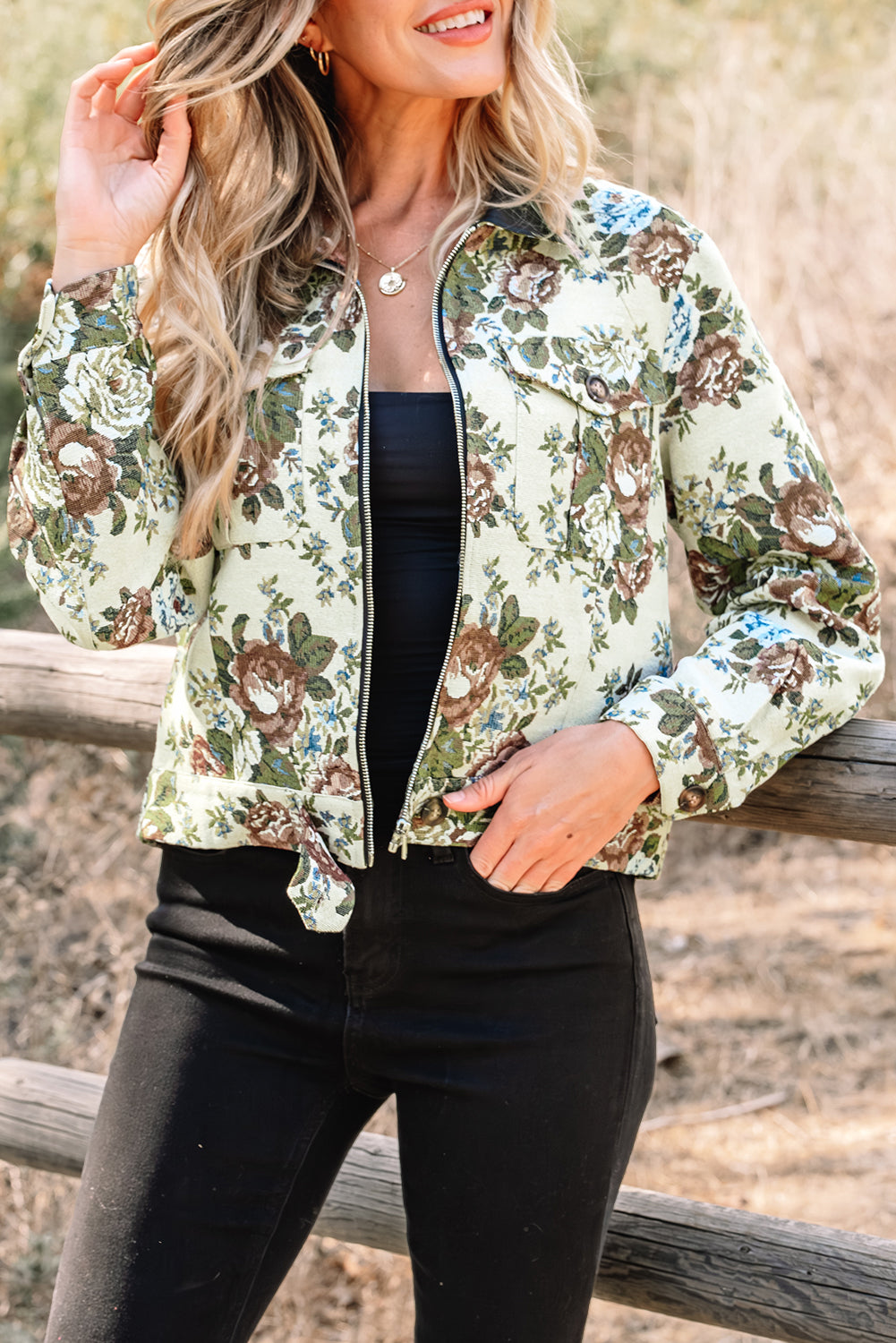 Floral Print Zip Up Contrast Collared Jacket
