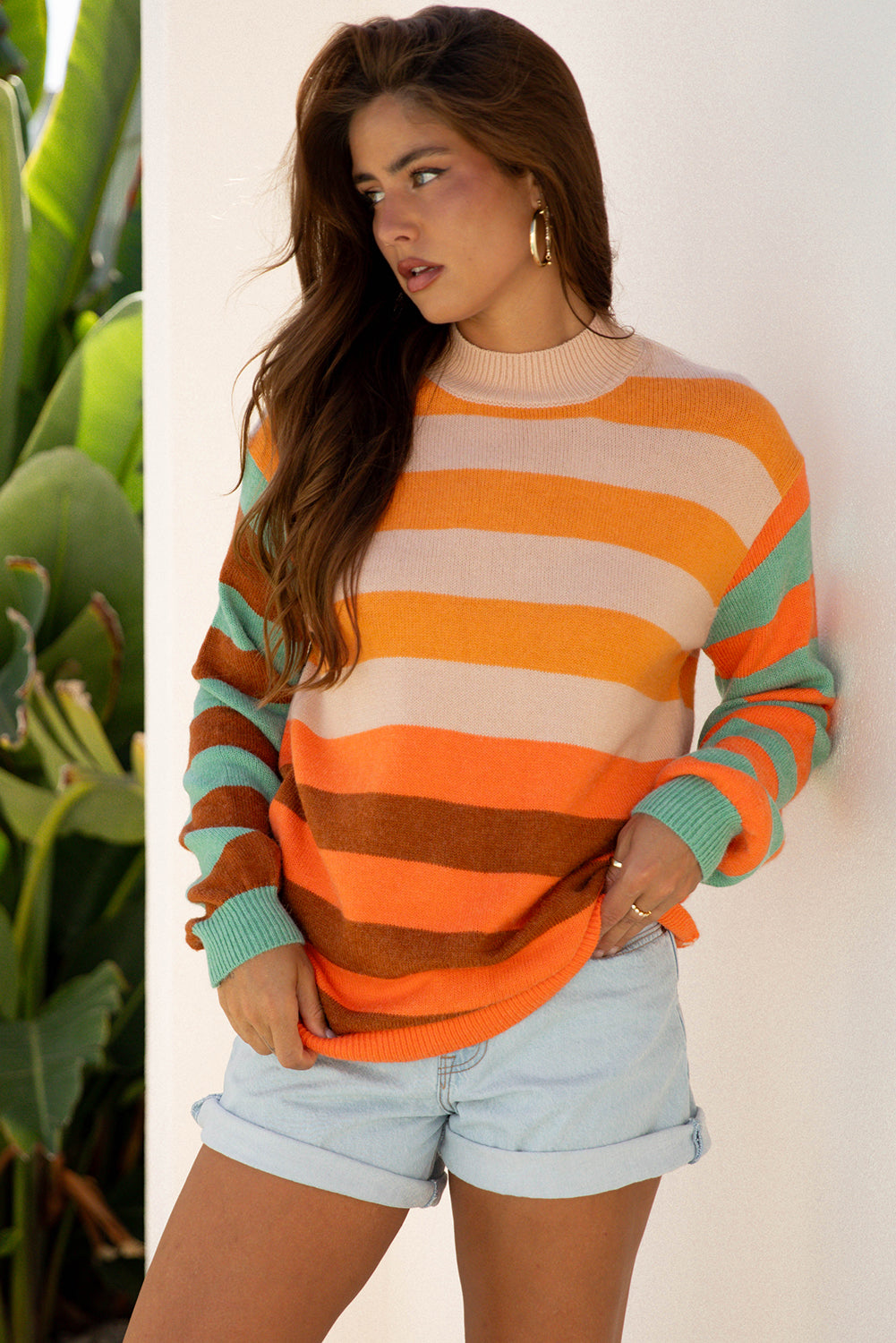 Stripe Color Block High Neck Drop Shoulder Cozy Sweater