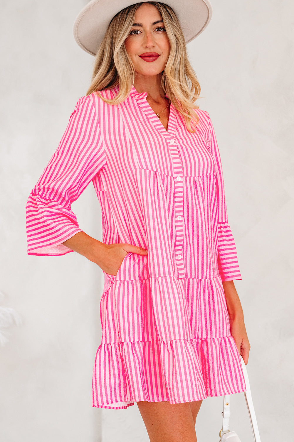 Pink Stripe V Neck Flare Sleeve Mini Dress