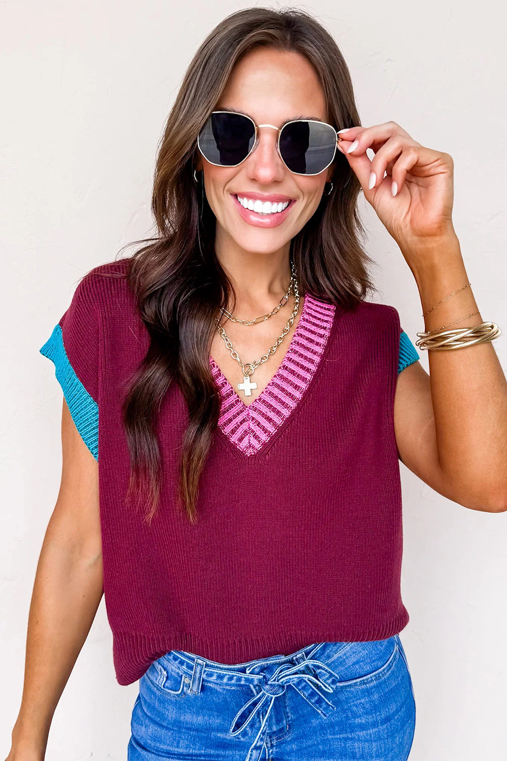 Burgundy Colorblock V Neck Short Sleeve Loose Sweater